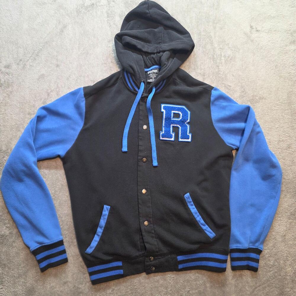 Harry Potter Hoodie Mens S Black Blue Ravenclaw Varsity Snap Fleece Sweatshirt